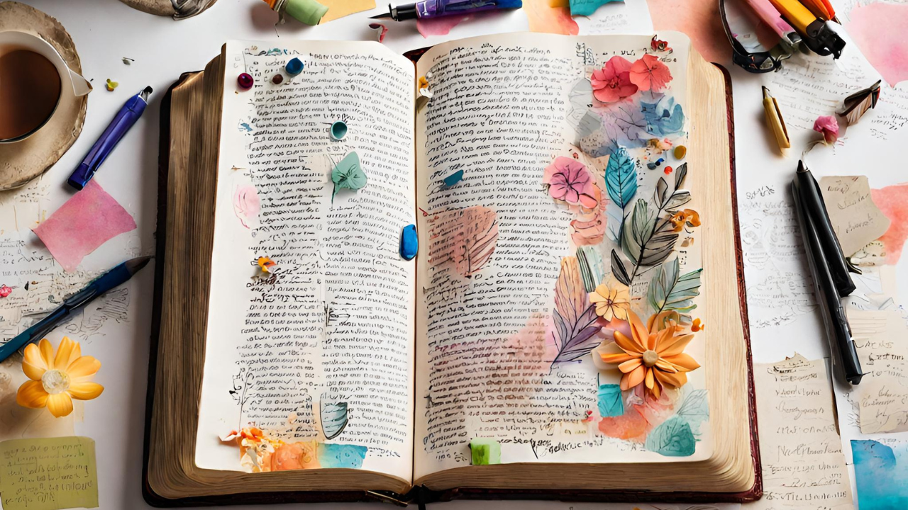 A beautifully decorated Bible with colorful illustrations and handwritten notes